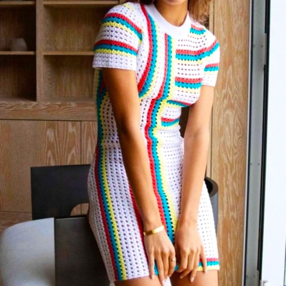 Solid & Striped Mini Dress Beach Cover Up Crochet Vertical Stripe